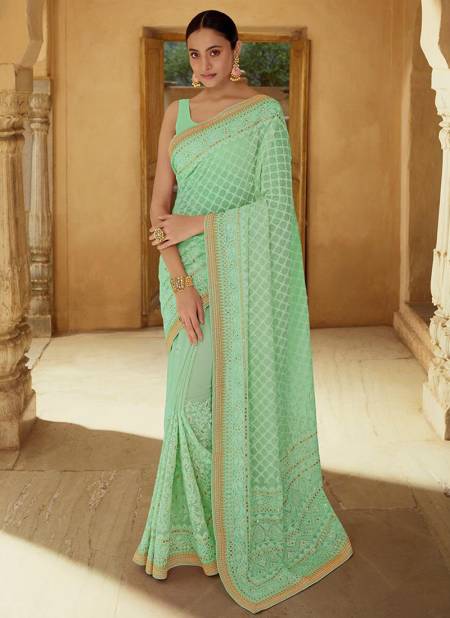 Pear Green Colour ARYA SWARNA Designer Party Wear Georgette Thread Mirror Sequins Work Stylish Saree Collection 6214
